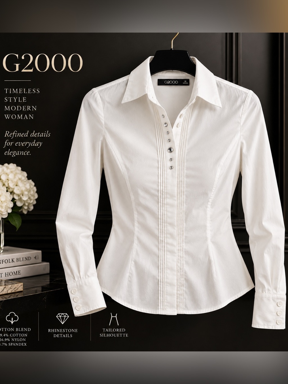 G2000 White Rhinestone Pintuck Button Down Shirt Size 38